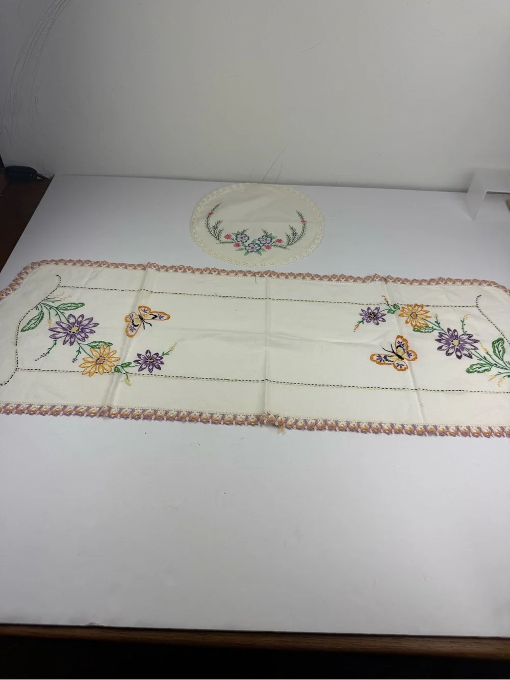 VTG Hand-Embroidered Dress Scarf and Doily Floral Butterfly SEE ALL.